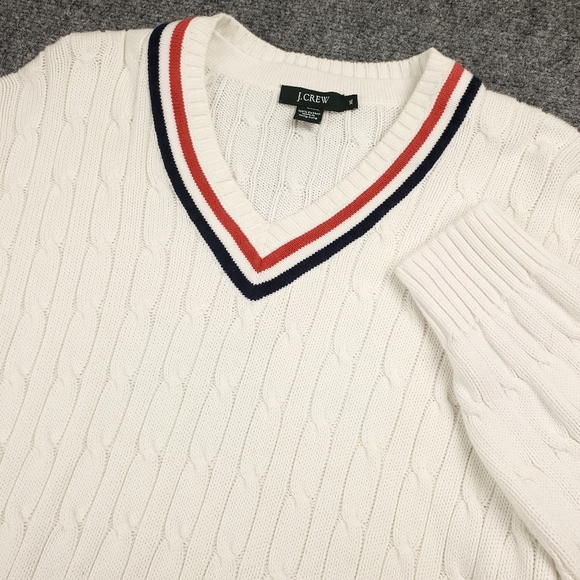 Vintage J Crew Cable Knit V Neck Sweater XL White Cotton Preppy Tennis Heritage